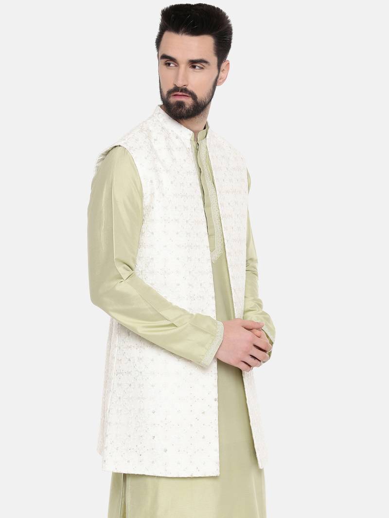Long Open Chanderi Emb Jacket