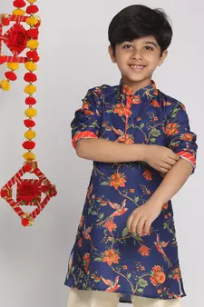 Blue printed cotton boys-kurta