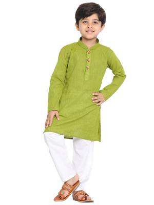 Green woven cotton boys-kurta-pyjama 1