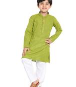 Green woven cotton boys-kurta-pyjama