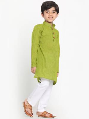 Green woven cotton boys-kurta-pyjama 3
