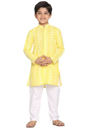 Boys' Mustard And White Kurta Pyjama Set