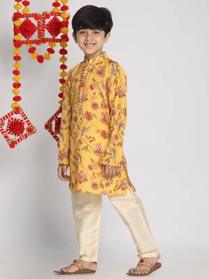  Multicolor-Base-Mustard And Cream Kurta Pyjama Set 3