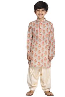 Boys' Multicolor-Base-Beige And Cream Kurta Patiala Set