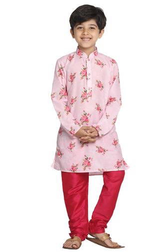 Boys' Multicolor-Base-Pink Kurta Pyjama Set