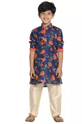  Multicolor-Base-Navy Blue And Cream Kurta Pyjama Set