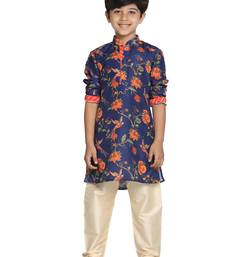 Boys' Multicolor-Base-Navy Blue And Cream Kurta Pyjama Set