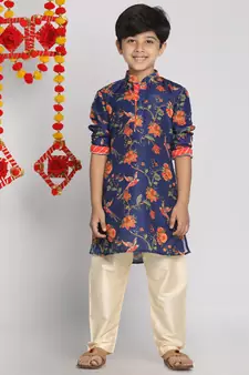  Multicolor-Base-Navy Blue And Cream Kurta Pyjama Set