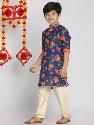  Multicolor-Base-Navy Blue And Cream Kurta Pyjama Set 1