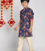  Multicolor-Base-Navy Blue And Cream Kurta Pyjama Set