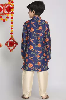  Multicolor-Base-Navy Blue And Cream Kurta Pyjama Set