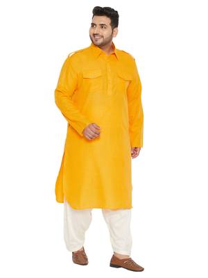 Mustard and Cream Cotton Blend Pathani Kurta Set 1