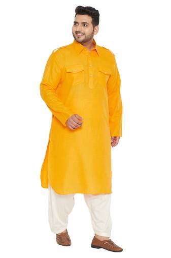 Men's Mustard and Cream Cotton Blend Pathani Kurta Set