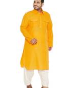 Mustard and Cream Cotton Blend Pathani Kurta Set