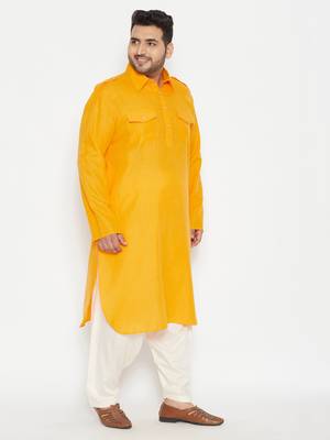 Mustard and Cream Cotton Blend Pathani Kurta Set 3