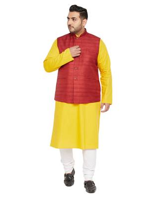 Mustard, Maroon And White Cotton Blend Jacket Kurta Pyjama Set 1