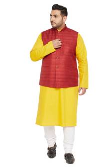 Men'S Mustard, Maroon And White Cotton Blend Jacket Kurta Pyjama Set