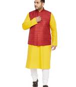 Mustard, Maroon And White Cotton Blend Jacket Kurta Pyjama Set