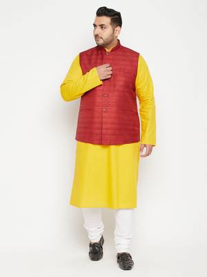 Mustard, Maroon And White Cotton Blend Jacket Kurta Pyjama Set 2