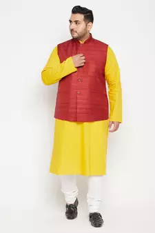 Mustard, Maroon And White Cotton Blend Jacket Kurta Pyjama Set
