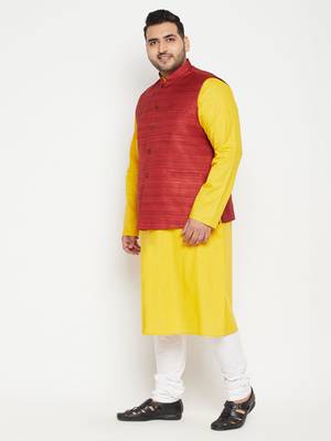 Mustard, Maroon And White Cotton Blend Jacket Kurta Pyjama Set 3