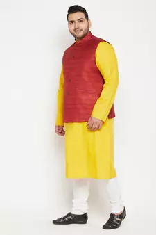 Mustard, Maroon And White Cotton Blend Jacket Kurta Pyjama Set