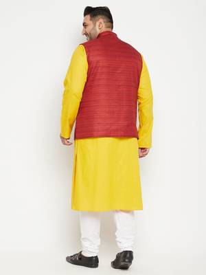 Mustard, Maroon And White Cotton Blend Jacket Kurta Pyjama Set 4