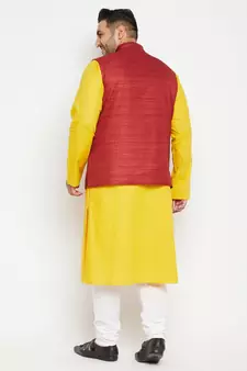 Mustard, Maroon And White Cotton Blend Jacket Kurta Pyjama Set
