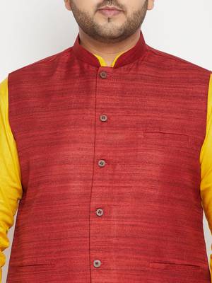 Mustard, Maroon And White Cotton Blend Jacket Kurta Pyjama Set 5