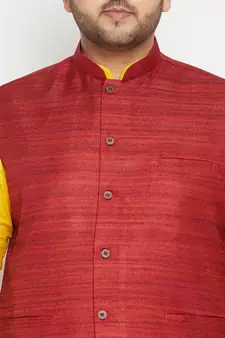 Mustard, Maroon And White Cotton Blend Jacket Kurta Pyjama Set