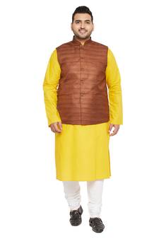 Men'S Mustard, Coffee Brown And White Cotton Blend Jacket Kurta Pyjama Set