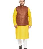 Mustard, Coffee Brown And White Cotton Blend Jacket Kurta Pyjama Set