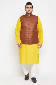 Mustard, Coffee Brown And White Cotton Blend Jacket Kurta Pyjama Set