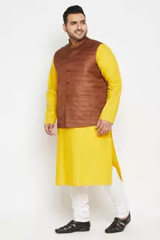 Mustard, Coffee Brown And White Cotton Blend Jacket Kurta Pyjama Set