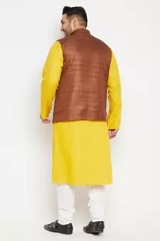 Mustard, Coffee Brown And White Cotton Blend Jacket Kurta Pyjama Set
