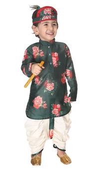 Infant Boys Multicolor-Base-Green Cotton Blend Kurta And Dhoti Set