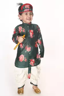Infant  Multicolor-Base-Green Cotton Blend Kurta And Dhoti Set