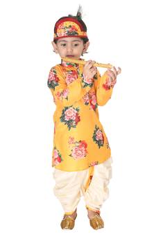 Infant Boys Multicolor-Base-Yellow Cotton Blend Kurta And Dhoti Set