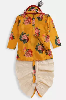 Infant  Multicolor-Base-Yellow Cotton Blend Kurta And Dhoti Set