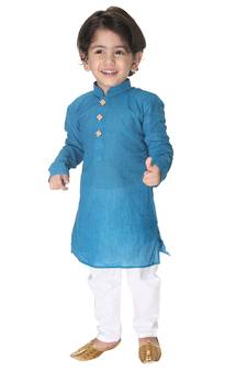 Infant Boys Azure And White Pure Cotton Kurta Pyjama Set