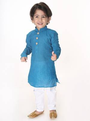 Infant  Azure And White Pure Cotton Kurta Pyjama Set 2
