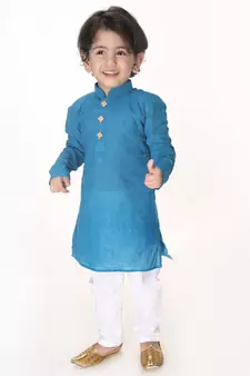 Infant  Azure And White Pure Cotton Kurta Pyjama Set