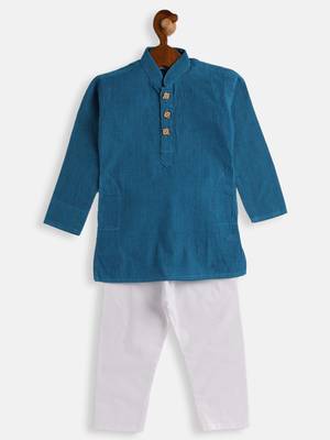 Infant  Azure And White Pure Cotton Kurta Pyjama Set 3