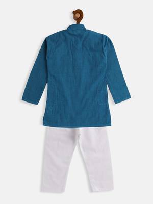 Infant  Azure And White Pure Cotton Kurta Pyjama Set 4
