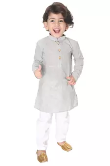 Infant  Ash Grey And White Pure Cotton Kurta Pyjama Set