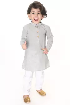 Infant  Ash Grey And White Pure Cotton Kurta Pyjama Set