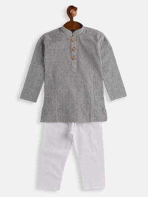 Infant  Ash Grey And White Pure Cotton Kurta Pyjama Set 1