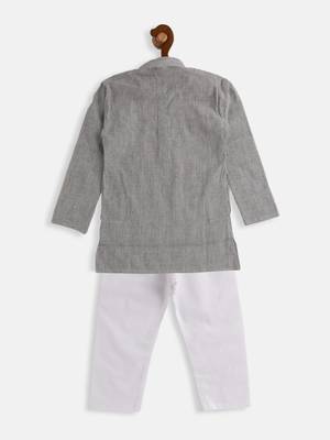 Infant  Ash Grey And White Pure Cotton Kurta Pyjama Set 4