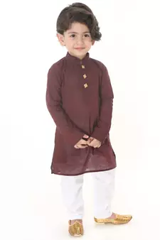 Infant  Garnet Maroon And White Pure Cotton Kurta Pyjama Set