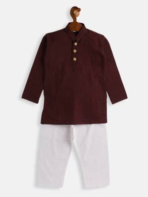 Infant  Garnet Maroon And White Pure Cotton Kurta Pyjama Set 3